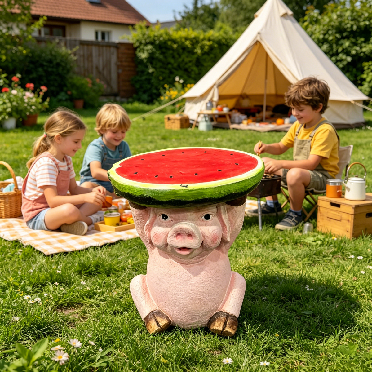13.39" High Cute Pig Side Table, 11.34" Wide Pig with Watermelon Top, Multi-Functional Plant Stand & End Table for Home & Garden Decoration