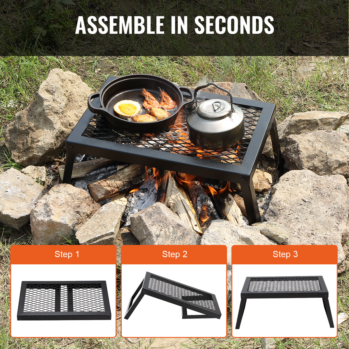 Folding Campfire Grill, Heavy Duty Steel Mesh Grate, 18" Portable Camping Grates Over Fire Pit, Camp Fire Cooking Equipment with Legs Carrying Bag, Grilling Rack for Outdoor Open Flame Cooking - image 2