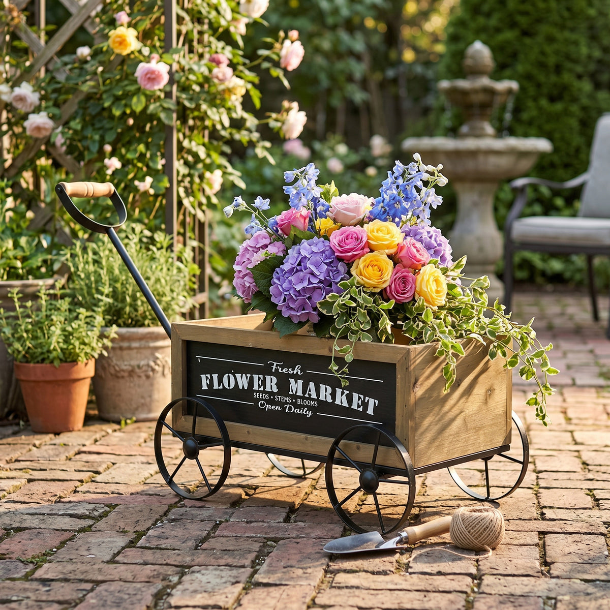 16.5x9.5x8" Rustic Wooden Wagon Planter with Black Iron Wheels and Handle