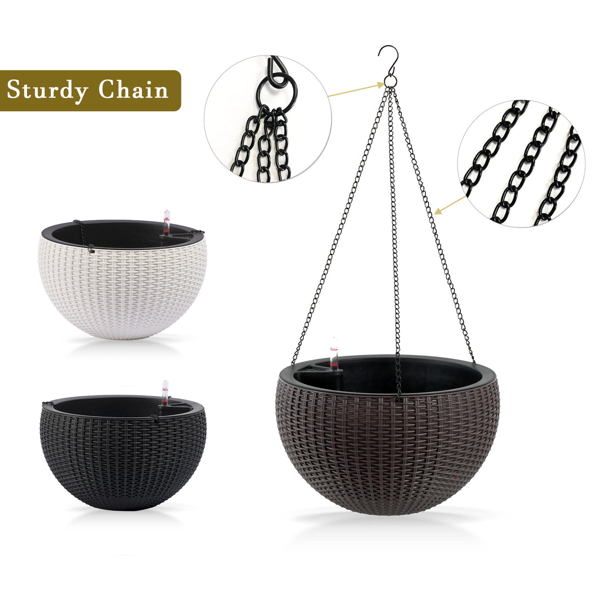 13.4 inch Self-Watering Hanging Rattan-Inspired Planter Large Capacity, Root-Rot Resistant Water Storage with Water Level Indicator, Dual-Use for Indoor & Balcony Decoration (Pack of 2, Brown) - image 4