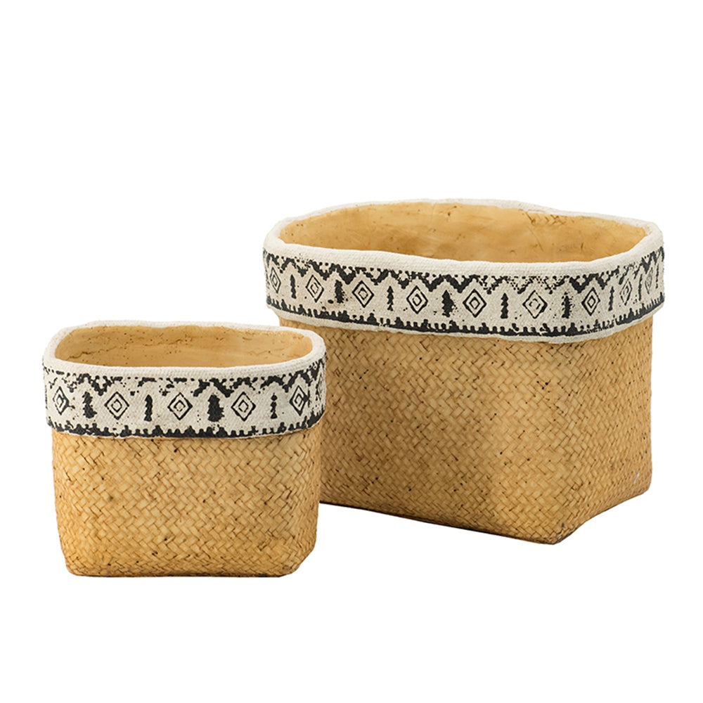 Set of 2 Rectangular Basket Planters with Geometric Trim, L:10.5x8.5x8" S:7.5x5.5x6.5" - image 2