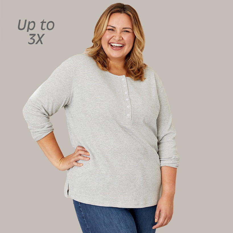 Women's Long Sleeve Thermal Henley Top with Buttons