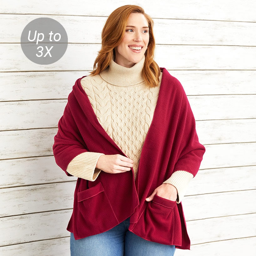 Women's Red Fleece Shawl Wrap with Pockets