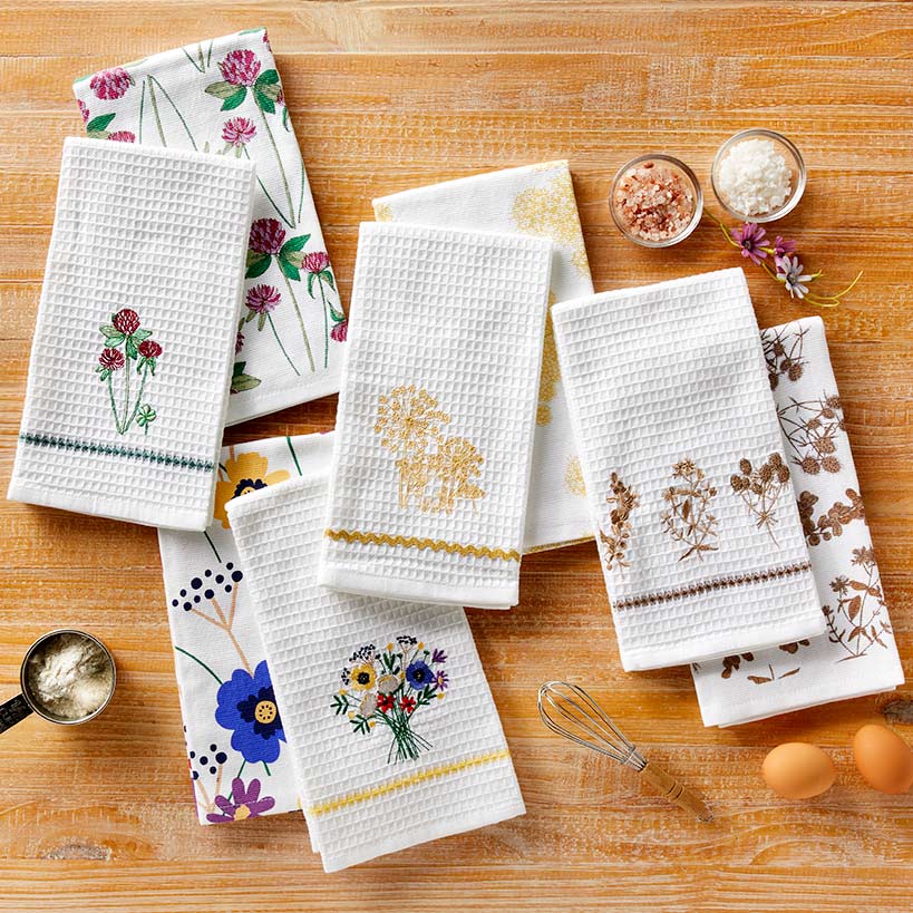 Sets of 2 Waffle Weave Floral Kitchen Towels