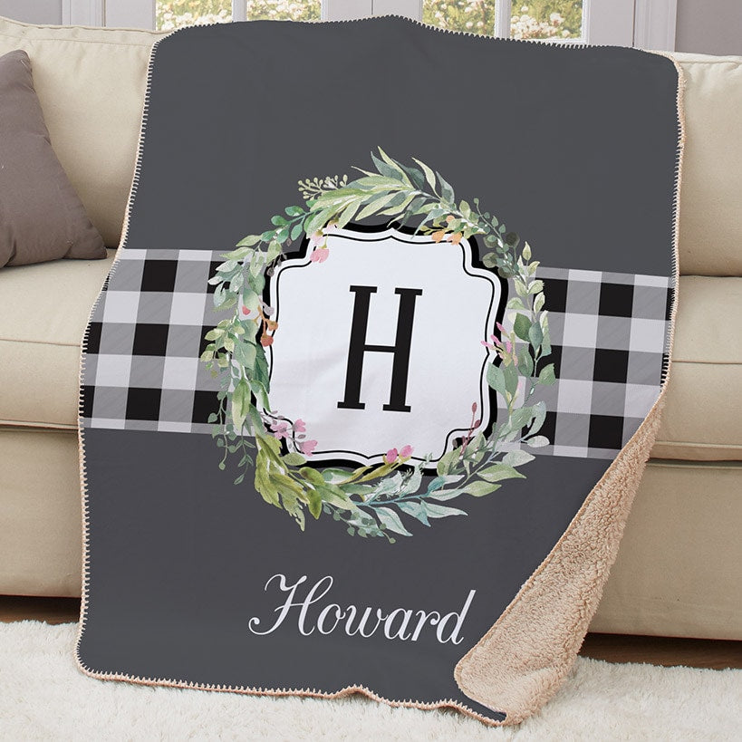 Personalized Farmhouse Plaid Wreath Sherpa Throw