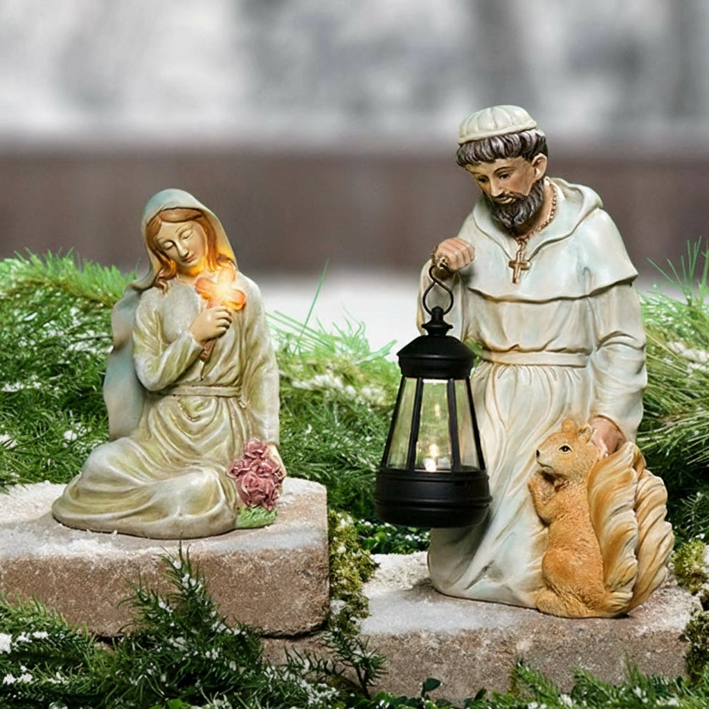 Solar Saint Statues – Mary with Cross and St. Francis with Lantern