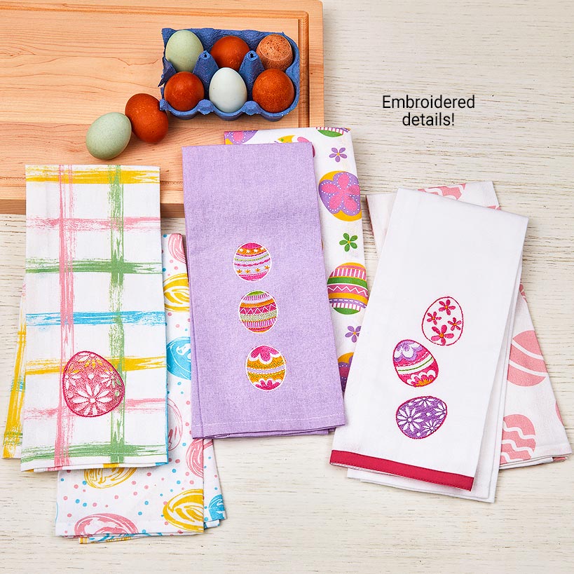 Set of 2 Easter Egg Embroidered Kitchen Towels