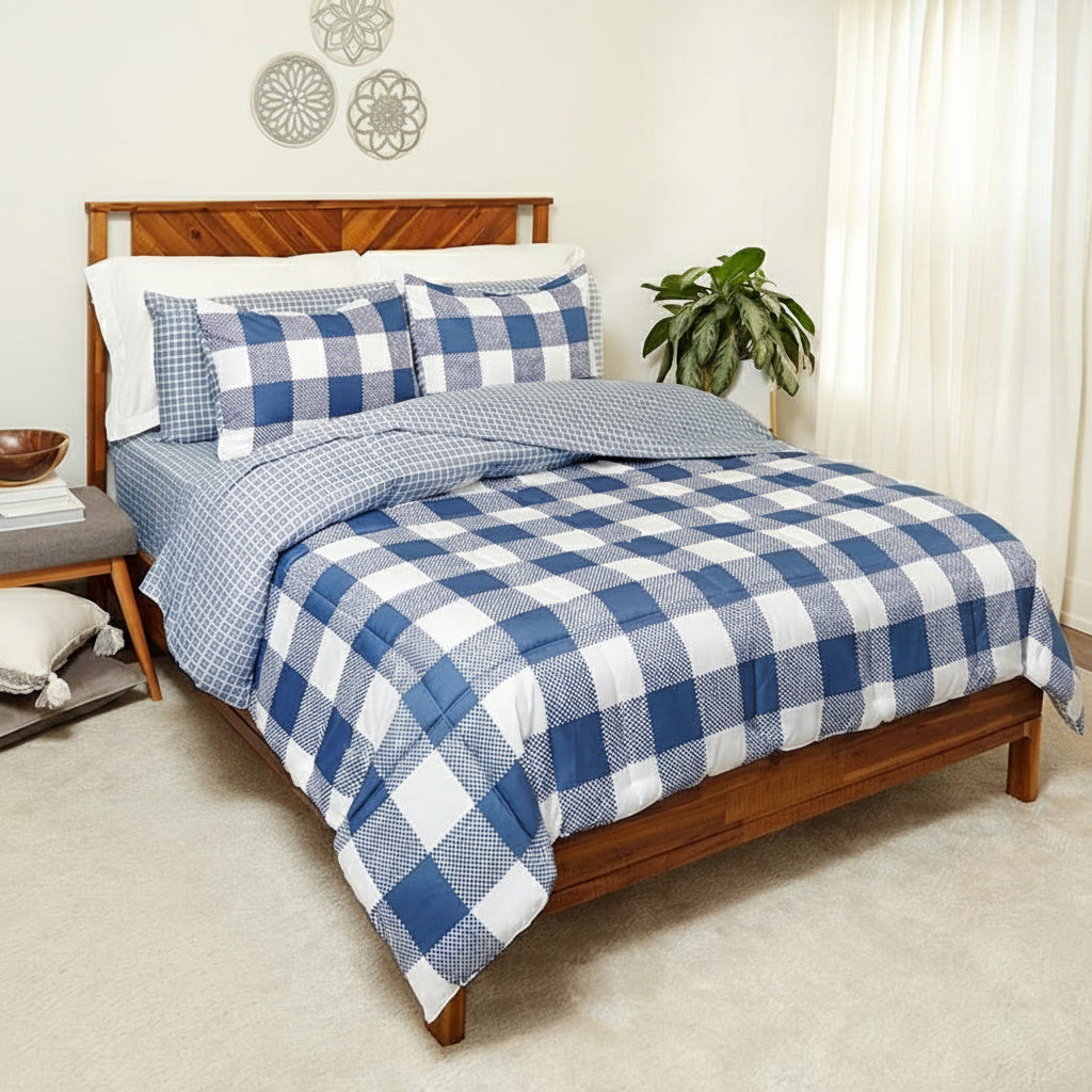 Blue Plaid Reversible Queen or King Complete Comforter Set