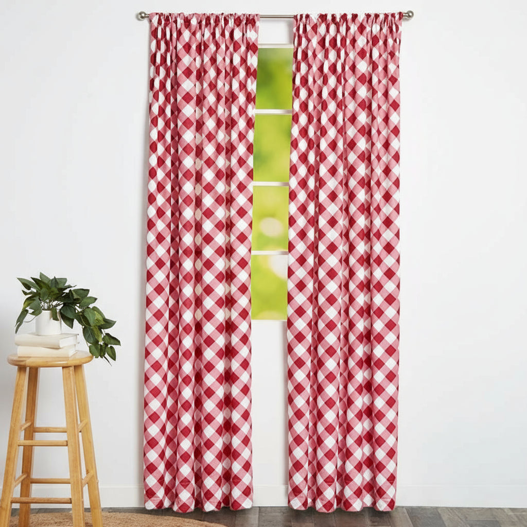 Red and White Check Pattern Window Panel 50" x 63"