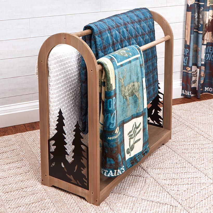 Freestanding Wooden Quilt Rack with Metal Tree Side Accents