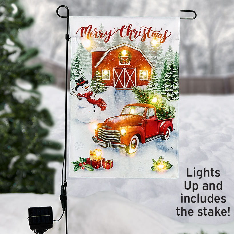 Solar Red Truck Christmas Flag with Pole