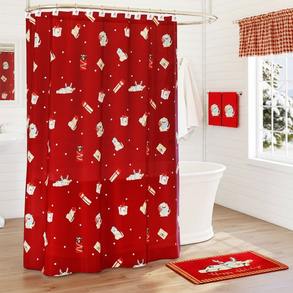 Christmas Dogs Shower Curtain, Bath Rug, Hand Towels, Valance, or Hooks