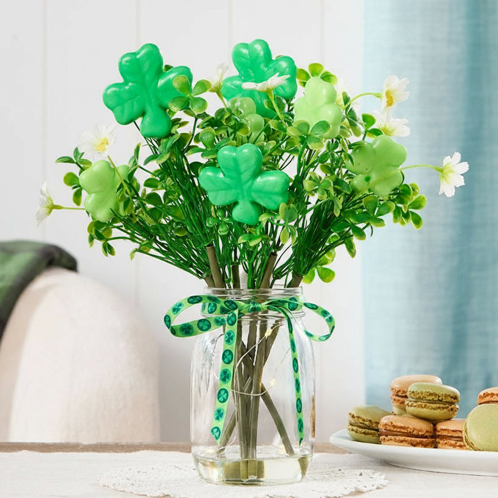 St Patrick's Fairy Light Vase With Green Shamrock Bouquet