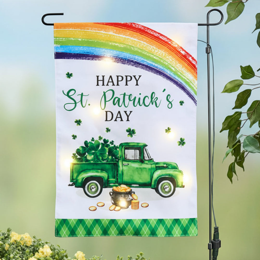 St Patricks Garden Solar Flag And Pole With Green Truck And Rainbow