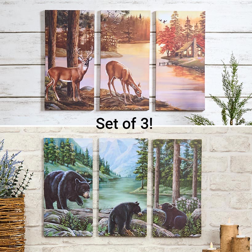 Woodland Animal Canvas Wall Art Trio - Bear or Deer