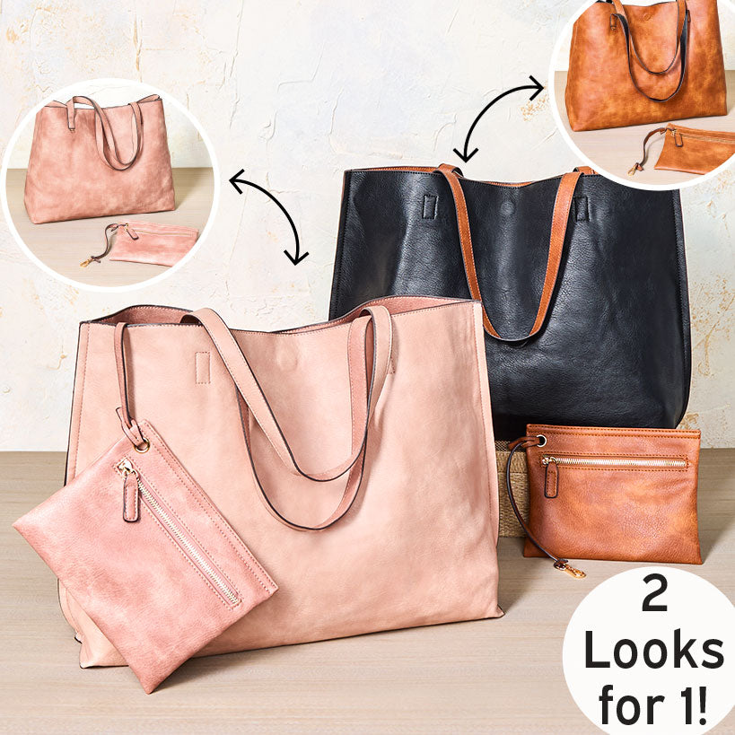 Women's Faux Leather Reversible Tote Bag with Matching Purse