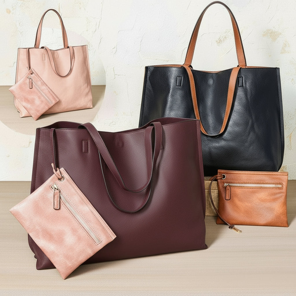 Women's Faux Leather Reversible Tote Bag with Matching Purse