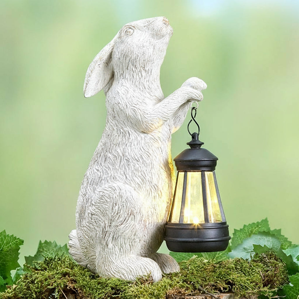 Solar White Bunny Garden Statue Holding Lantern