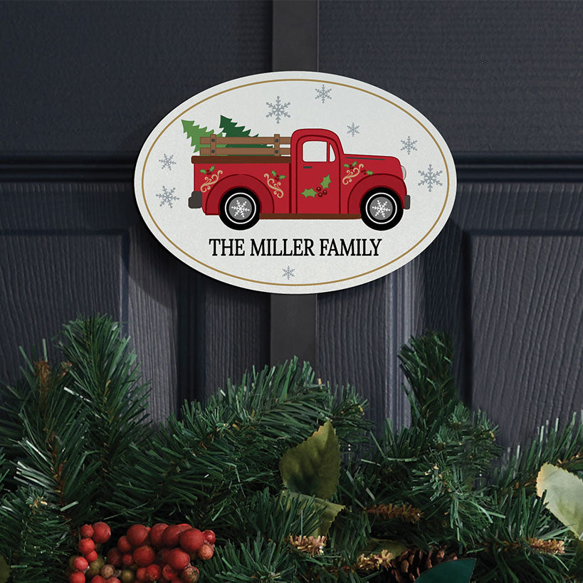 Personalized Christmas Red Truck Wreath Door Hanger or Oval Metal Plaque