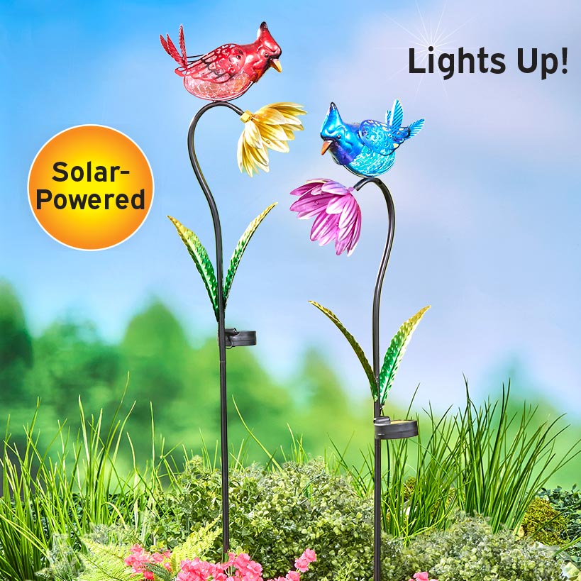 Solar Flower With Perched Bird Garden Stake - Blue or Red