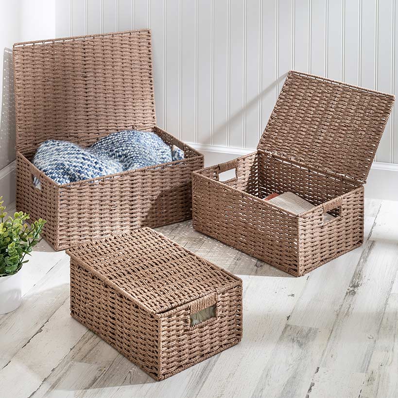 Stackable Paper Rope Storage Baskets with Lids 3-Pc.