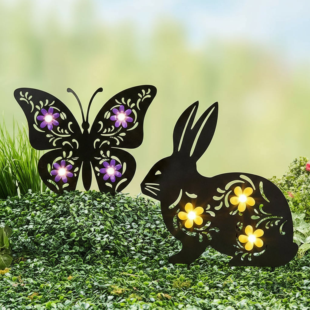 Solar Spring Silhouette Garden Stake With Flowers - Bunny or Butterfly