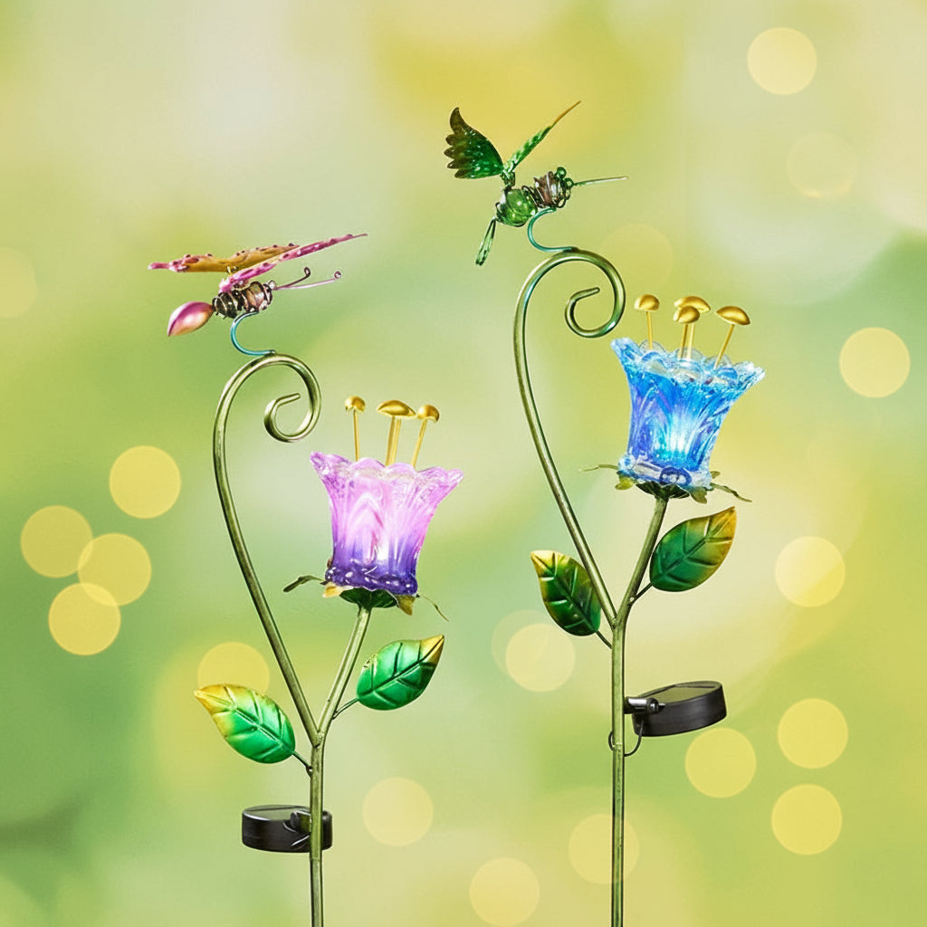 Solar Glass Flower Garden Stake - Butterfly or Hummingbird