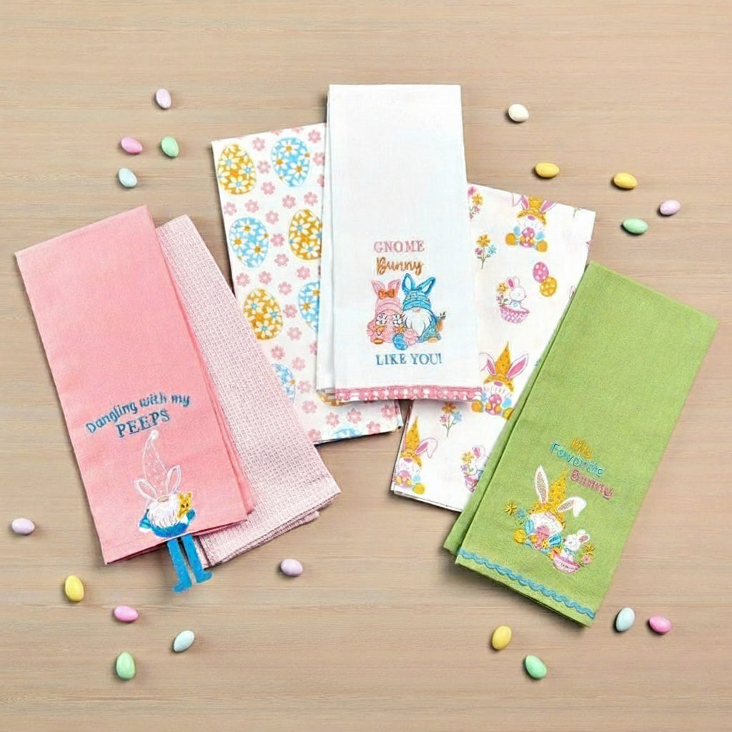 Embroidered Kitchen Towels Gnomes and Bunnies Set of 2