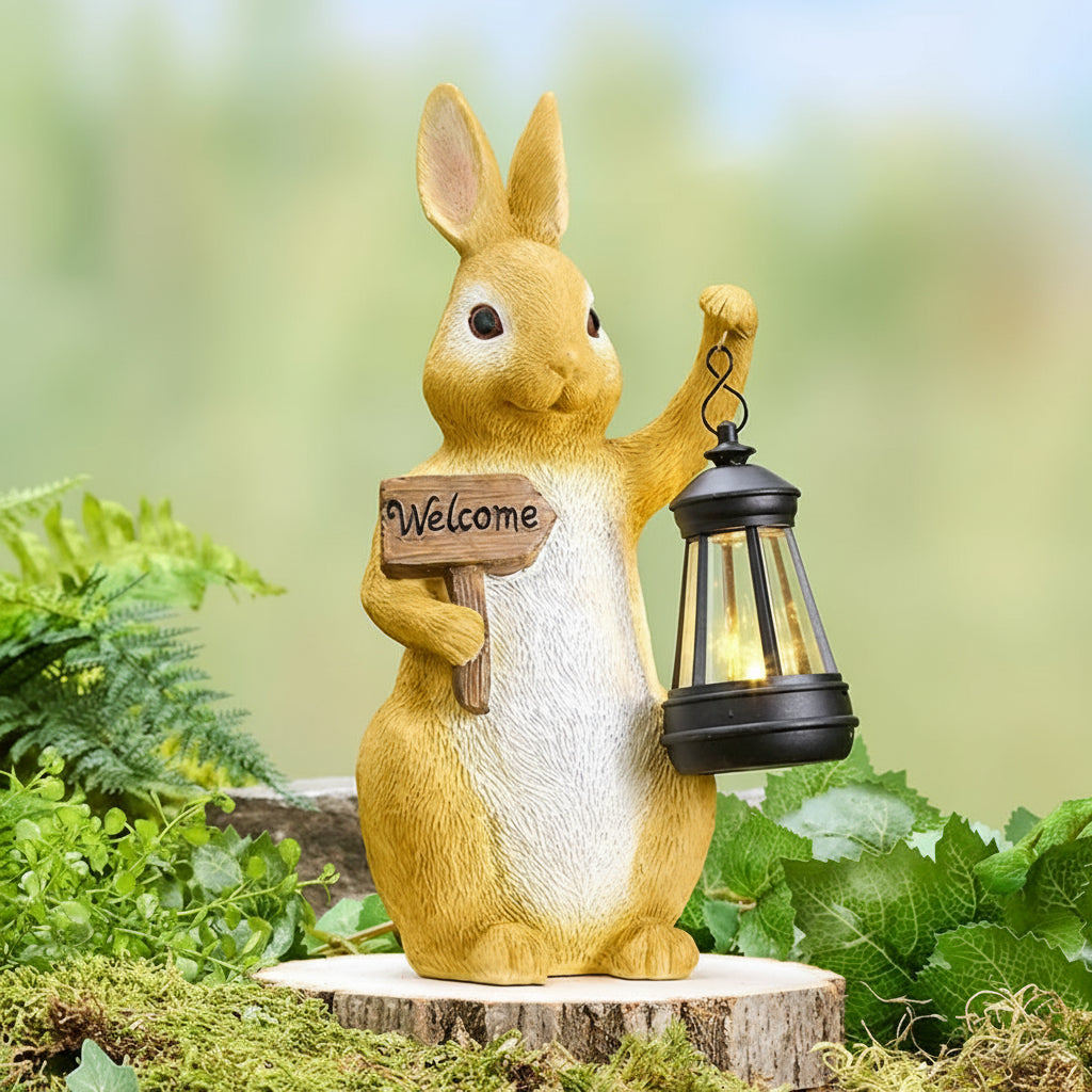 Solar Welcome Bunny Garden Statue With Lantern