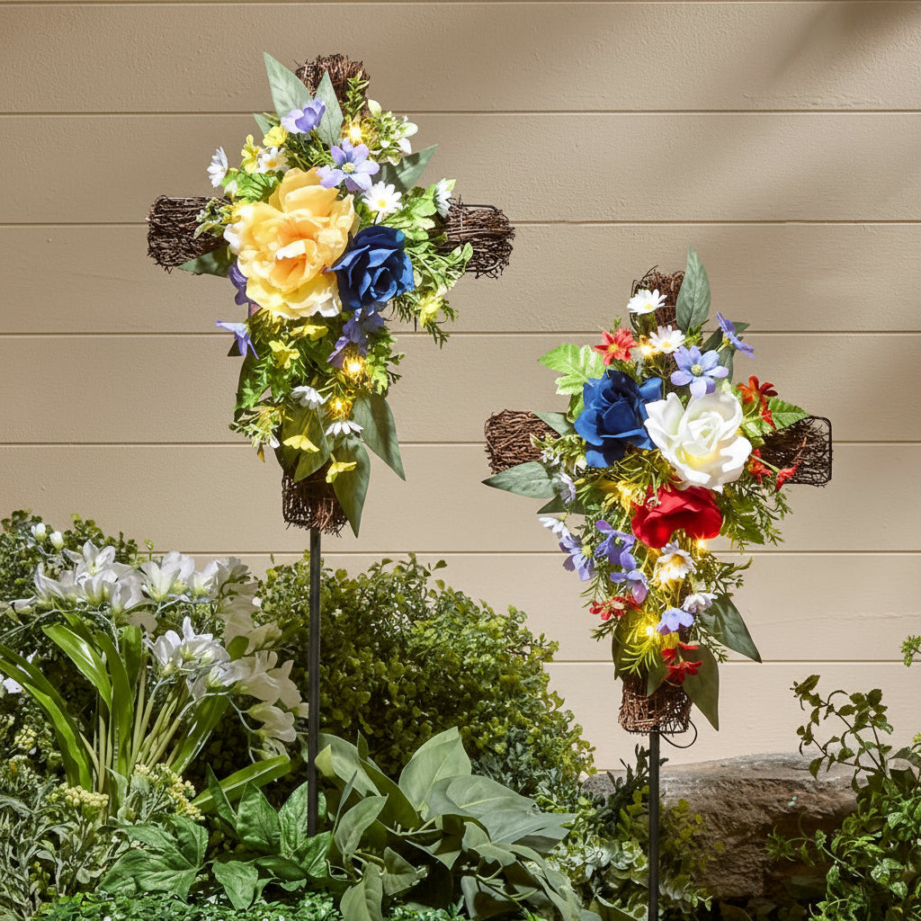 Solar Lighted Flower Garden Cross Stake