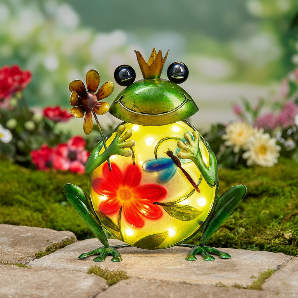 Solar Vibrant Frog Garden Statue With Flowers
