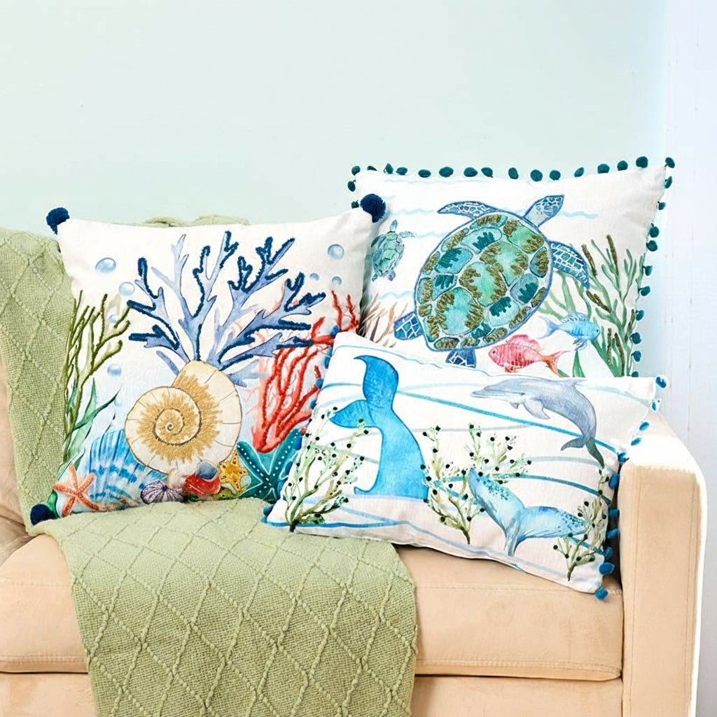 Coastal Themed Embroidered Decorative Pillow