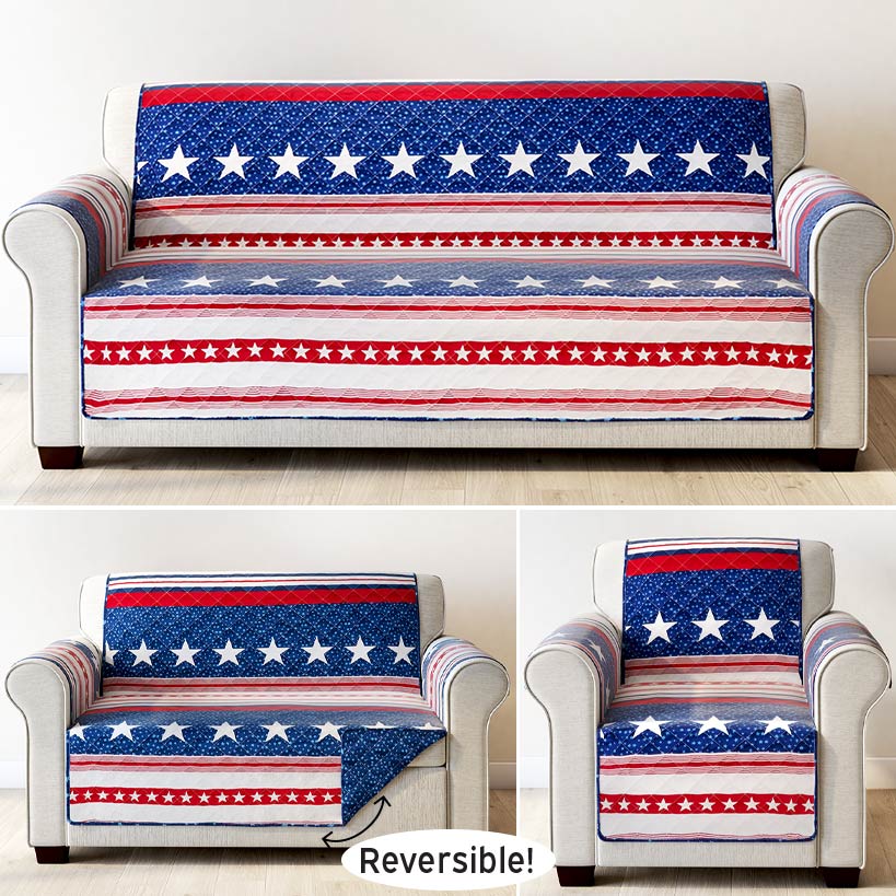 USA Stripe Quilted Furniture Cover Chair Sofa Loveseat