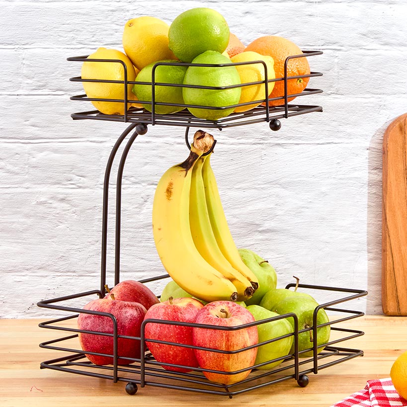 Kitchen Countertop Fruit Basket with Banana Hanger - 2-Tier