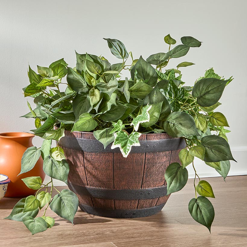 indoor farmhouse plant pots Lakeside Barrel Shaped Planter Indoor or Outdoor 15" dia x 9"H