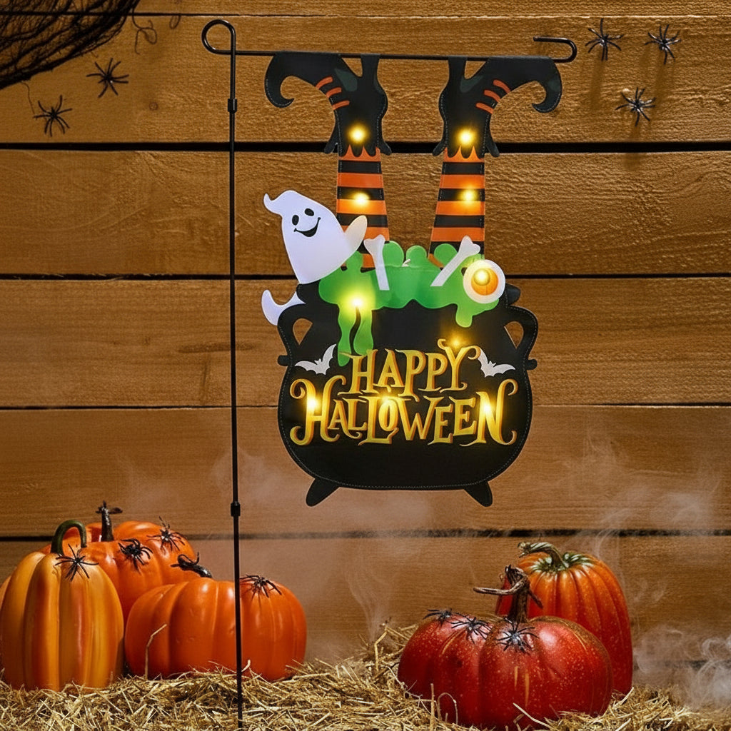 Halloween Flag Witch Cauldron Lighted With Pole And Happy Halloween