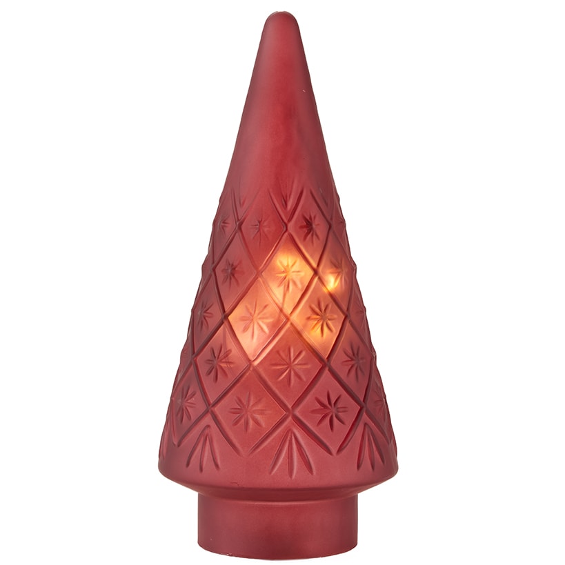 Lighted Green Ribbed or Burgundy Snowflake Glass Tabletop Tree