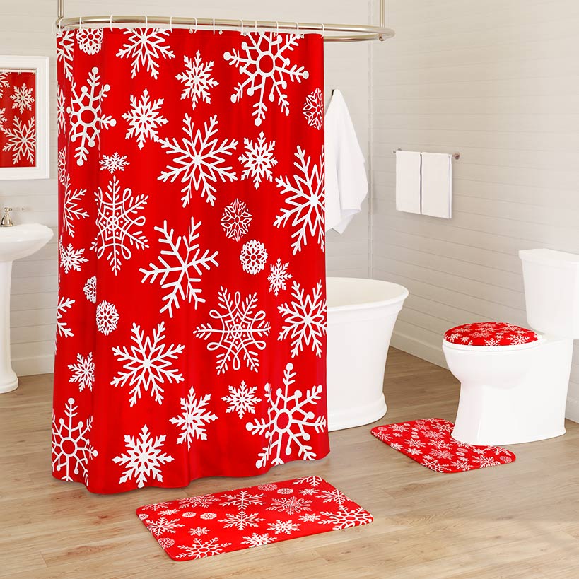 Memory Foam Bath Rugs & Shower Curtain Complete 16-Pc Set Red Snowflake