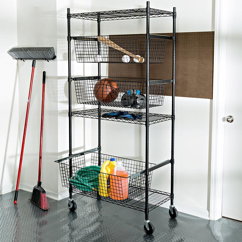 Adjustable Rolling Garage Shelving Unit with 3 Pull-Out Baskets Black