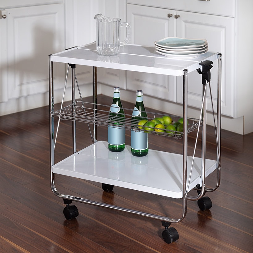 Folding Kitchen Cart with Metal Basket