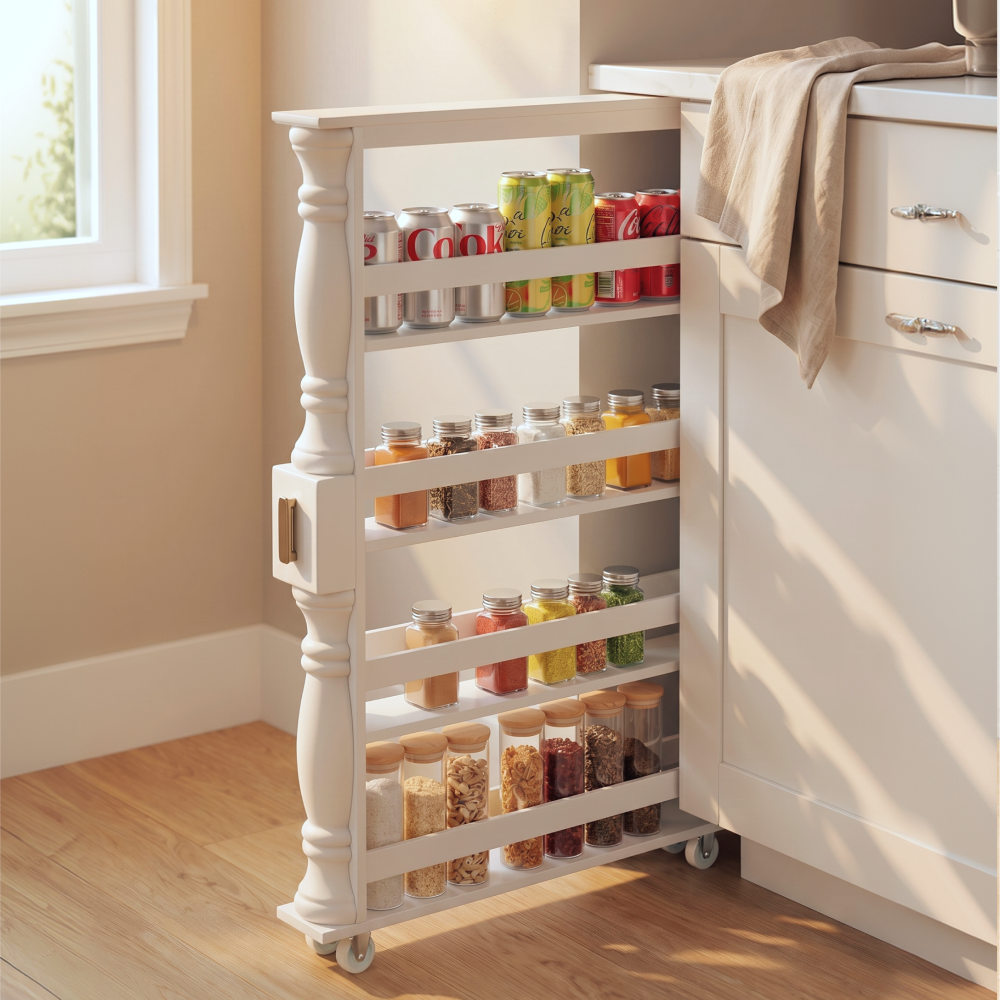 Slim Wooden Spice Rack Cabinet with Wheels - Black, Walnut or White-20260806