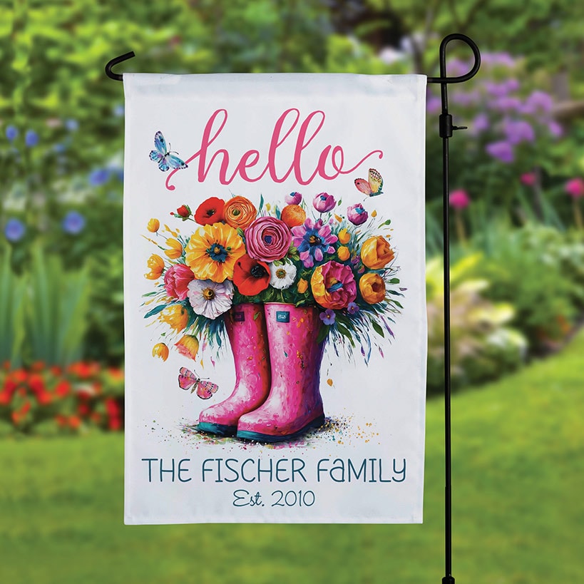 Personalized Hello Spring Floral Rain Boots Garden Flag