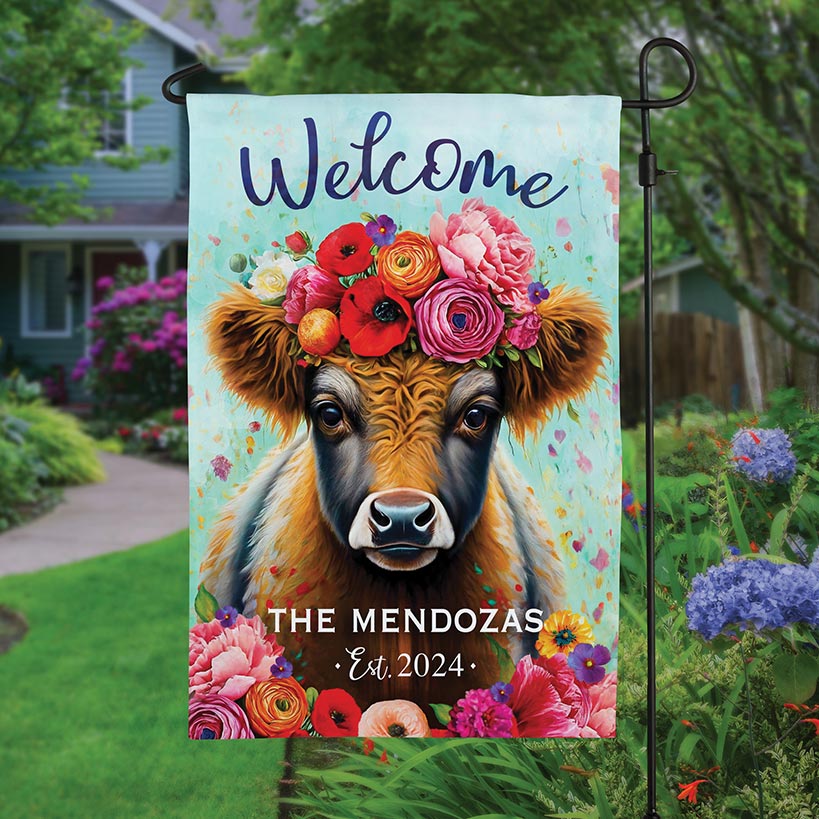 Personalized Floral Highland Cow Welcome Garden Flag