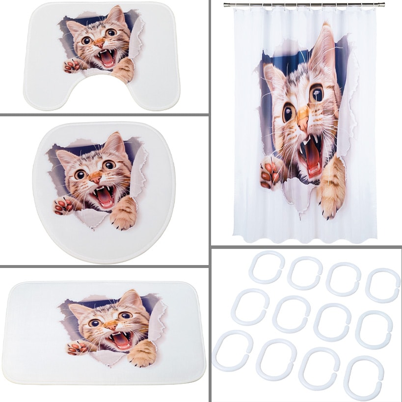 Cat Memory Foam Bath Rugs and Shower Curtain 16 Pc Set