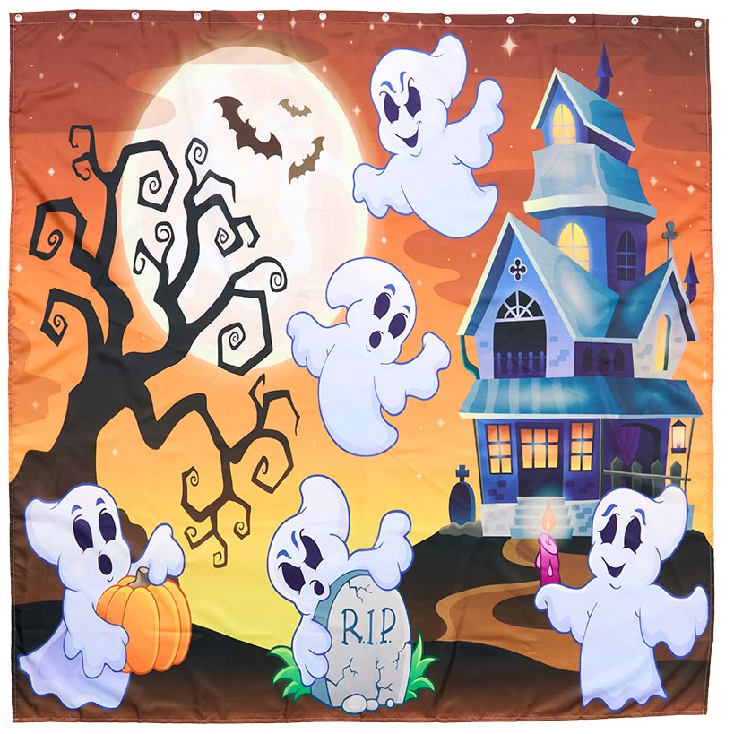 Memory Foam Bath Rugs and Shower Curtain Complete 16-Pc Set Halloween