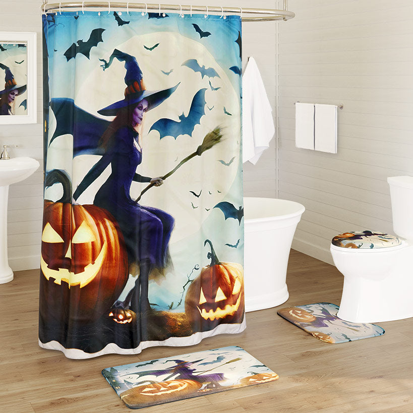 Memory Foam Bath Rugs and Shower Curtain Complete 16-Pc Set Halloween