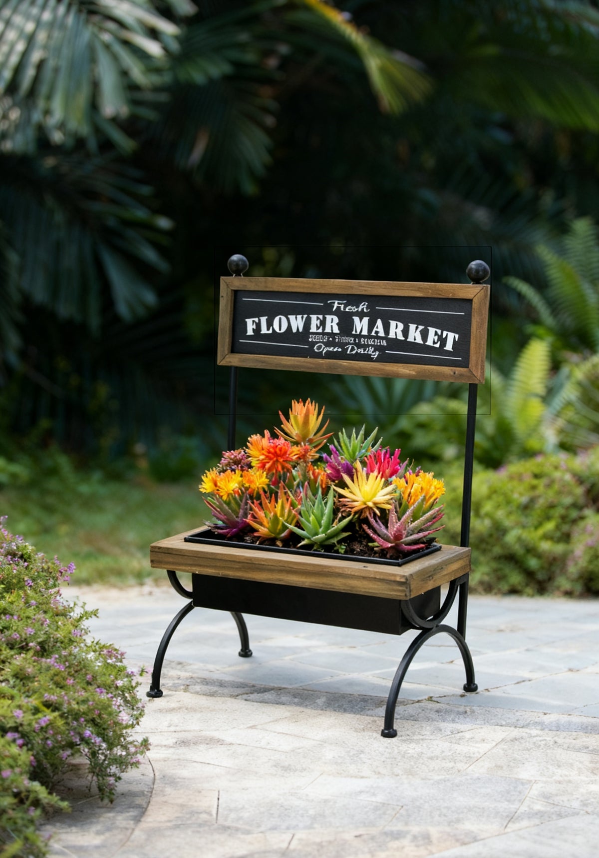18.9x11x24" Rustic Brown Wooden Planter Stand with Black Iron Frame