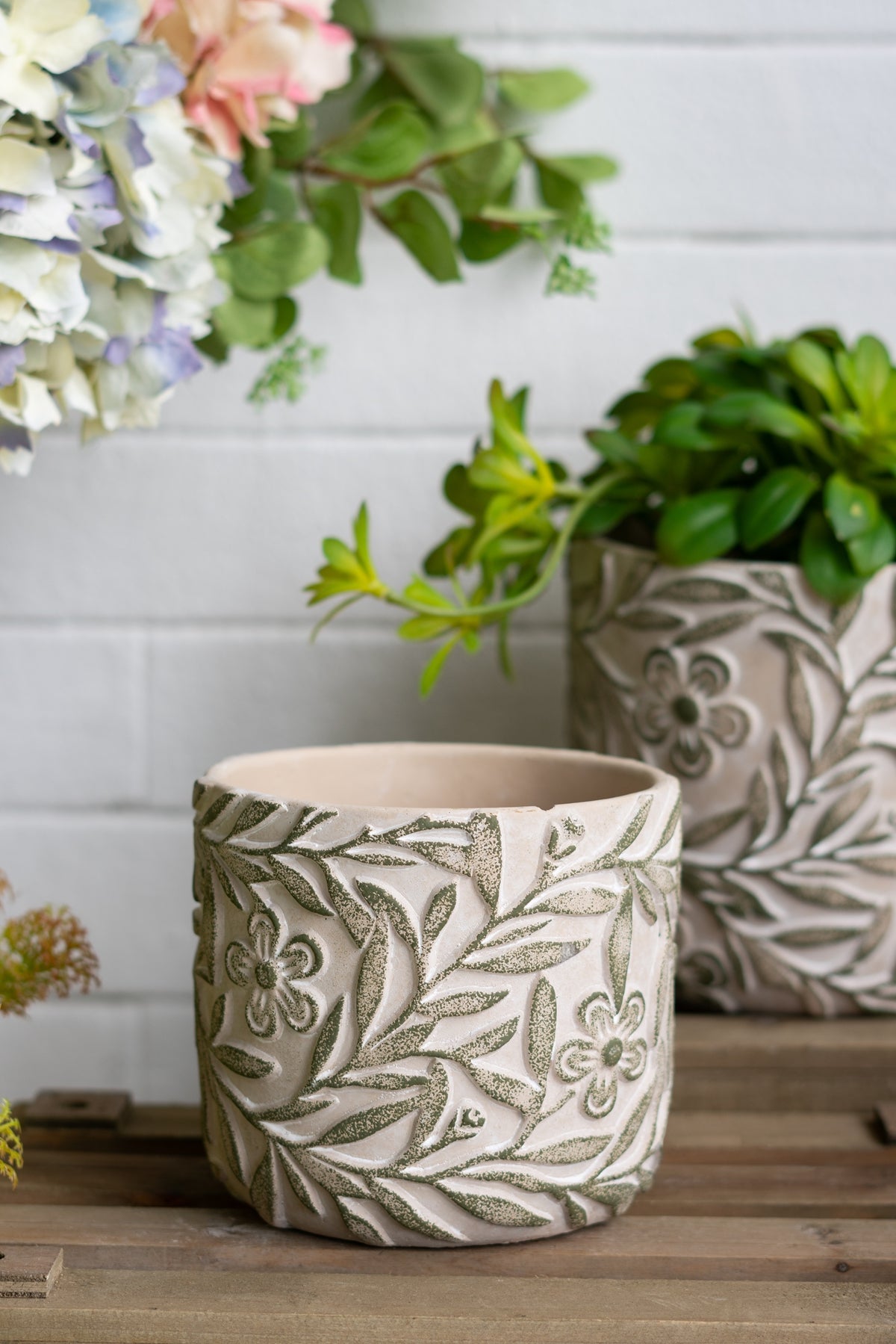 S/2 Gray Sand and Cement Planters with Etched Green Floral Motif, L:D6.7x6.3" S:D5.5x5" - image 10