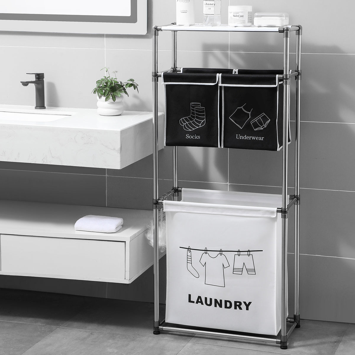 Laundry Hamper 3 Tier Laundry Sorter with 4 Removable Bags for Organizing Clothes, Laundry, Lights, Darks ,Three hooks - image 5