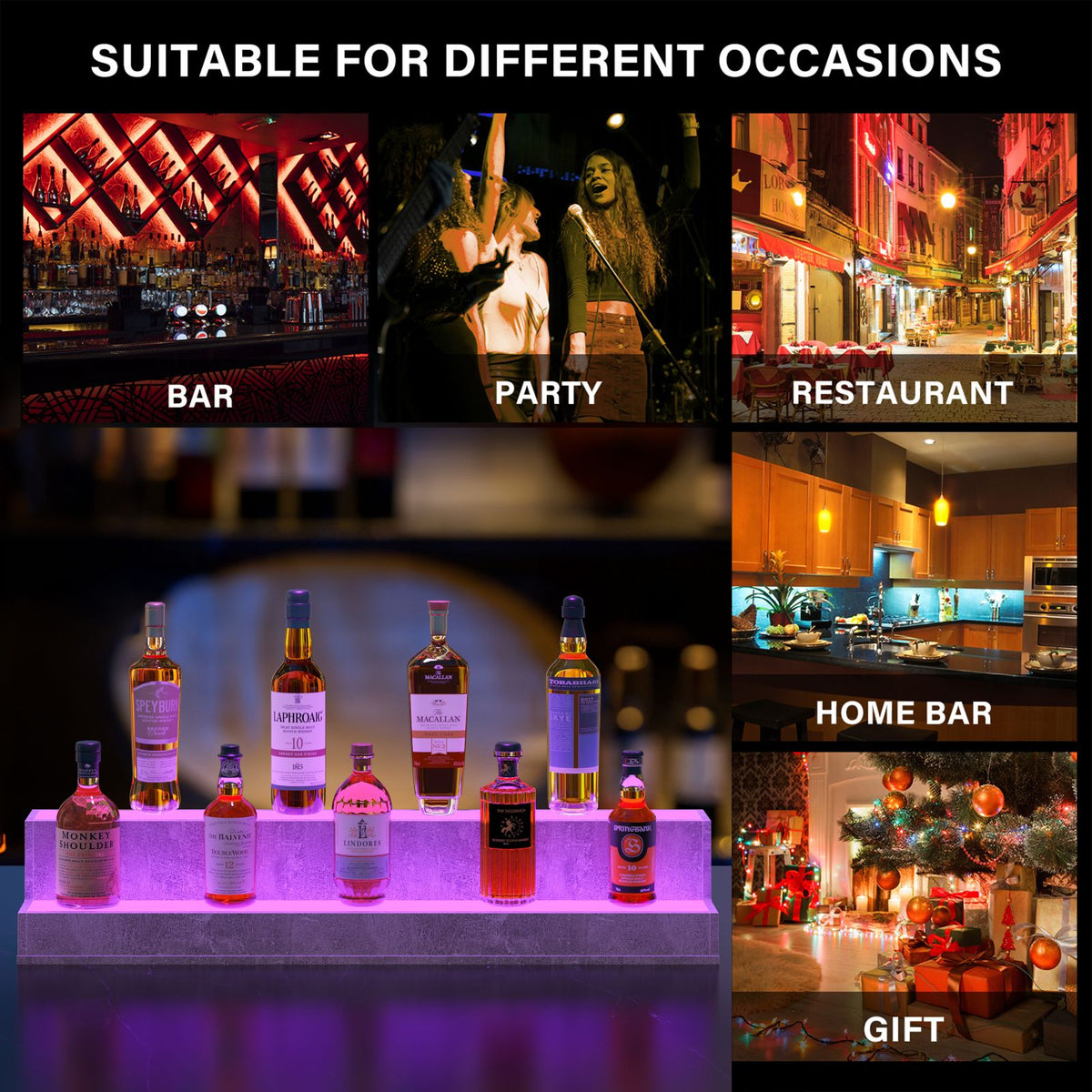 LED Lighted Liquor Bottle Display Shelf, 37 Inch Bar Display Shelf, DIY Illuminated Bottle Shelf with App & Remote Control, 2 Step Freestanding Holding Bottles for Home Bar, Party, Grey - image 3
